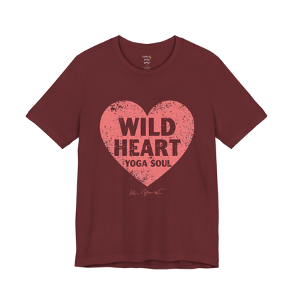 WILD HEART YOGA SOUL distressed heart tee — Funny Yoga Shirts collection by Ramro Yoga Wear — Heather Cardinal
