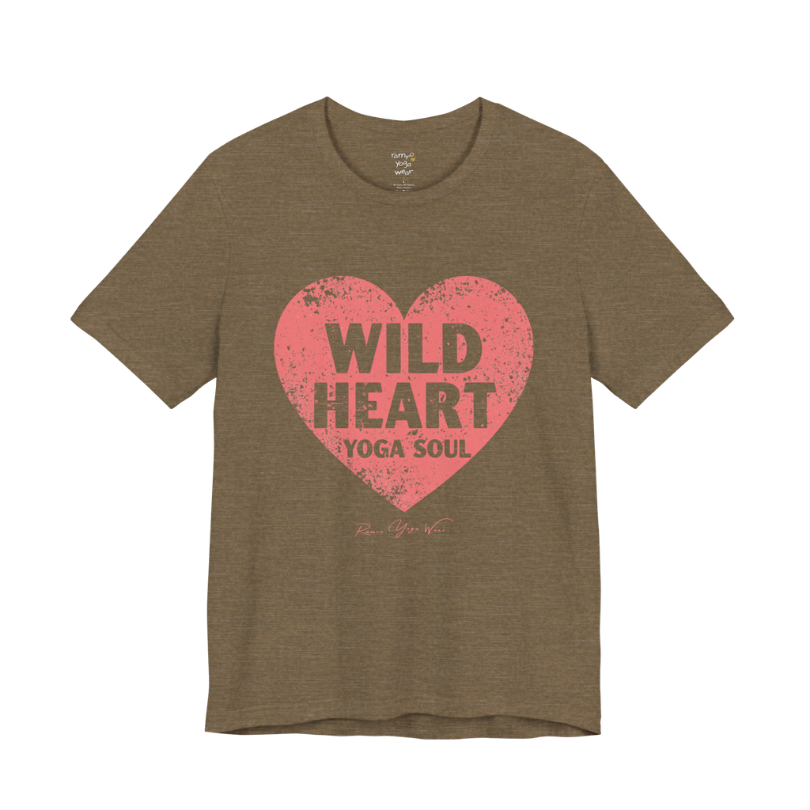 WILD HEART YOGA SOUL distressed heart tee — Funny Yoga Shirts collection by Ramro Yoga Wear — Heather Olive