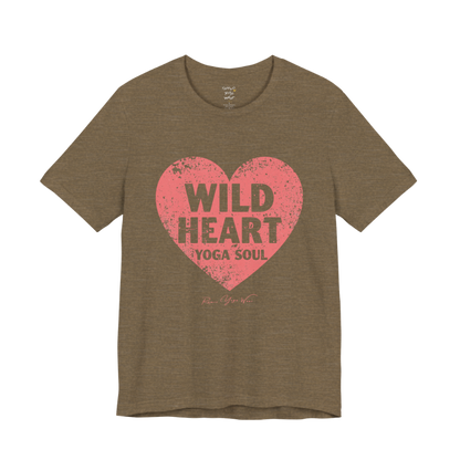 WILD HEART YOGA SOUL distressed heart tee — Funny Yoga Shirts collection by Ramro Yoga Wear — Heather Olive