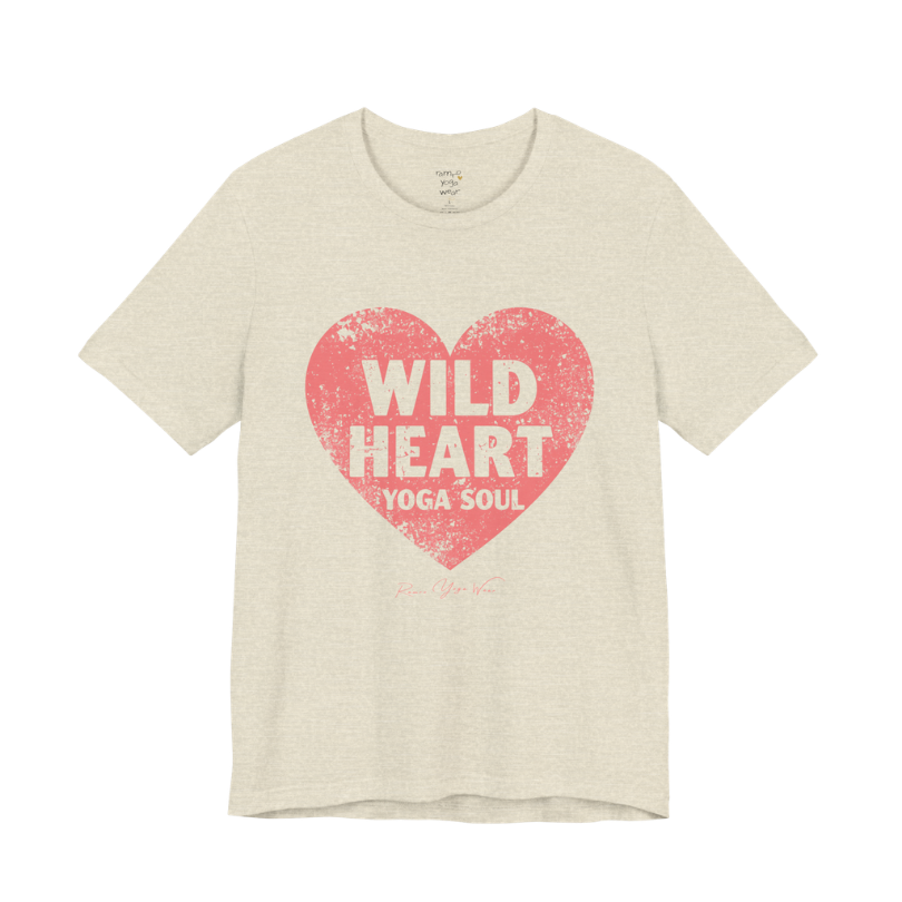 WILD HEART YOGA SOUL distressed heart tee — Funny Yoga Shirts collection by Ramro Yoga Wear — Heather Prism Natural