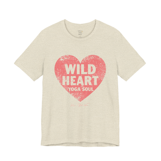 WILD HEART YOGA SOUL distressed heart tee — Funny Yoga Shirts collection by Ramro Yoga Wear — Heather Prism Natural
