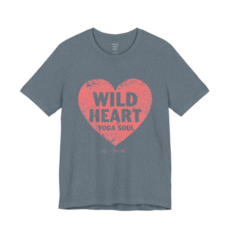 WILD HEART YOGA SOUL distressed heart tee — Funny Yoga Shirts collection by Ramro Yoga Wear — Heather Slate