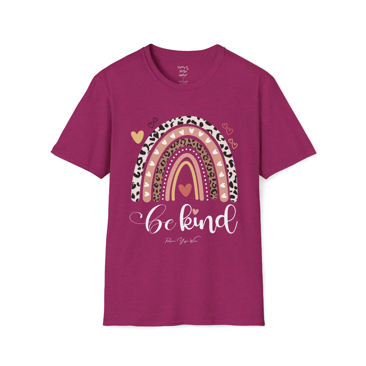 Be Kind T-Shirt, boho rainbow with hearts and "Be kind" script — The Vault collection by Ramro Yoga Wear, Antique Heliconia.