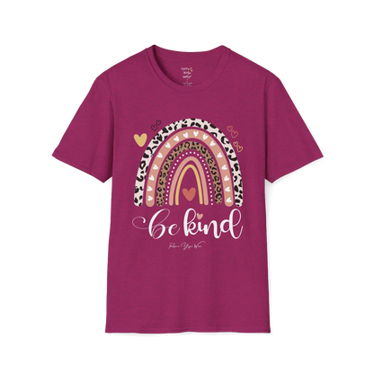 Be Kind T-Shirt, boho rainbow with hearts and "Be kind" script — The Vault collection by Ramro Yoga Wear, Antique Heliconia.