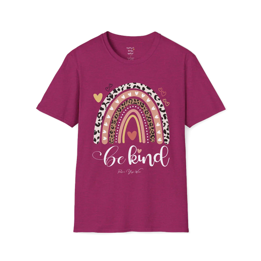 Be Kind T-Shirt, boho rainbow with hearts and "Be kind" script — The Vault collection by Ramro Yoga Wear, Antique Heliconia.
