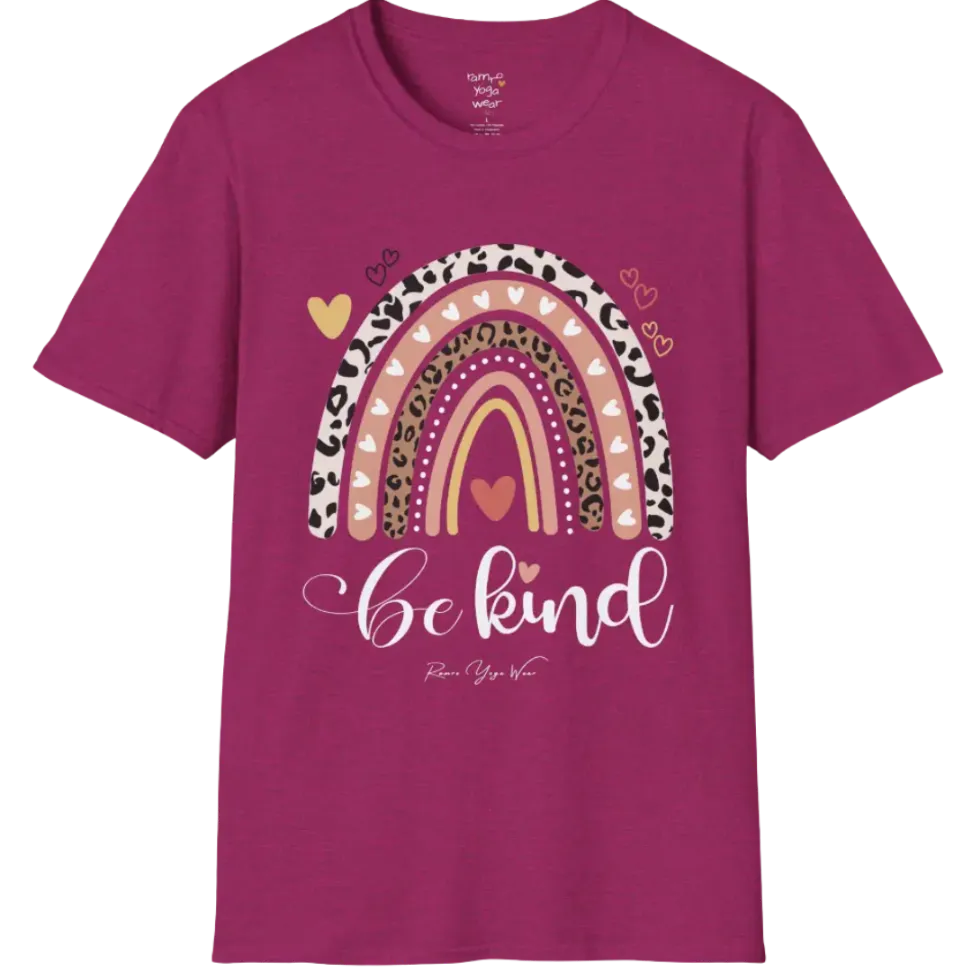 Be Kind T-Shirt, boho rainbow with hearts and "Be kind" script — The Vault collection by Ramro Yoga Wear, Antique Heliconia.