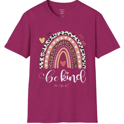 Be Kind T-Shirt, boho rainbow with hearts and "Be kind" script — The Vault collection by Ramro Yoga Wear, Antique Heliconia.