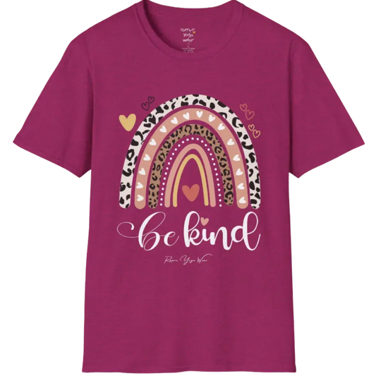 Be Kind T-Shirt, boho rainbow with hearts and "Be kind" script — The Vault collection by Ramro Yoga Wear, Antique Heliconia.
