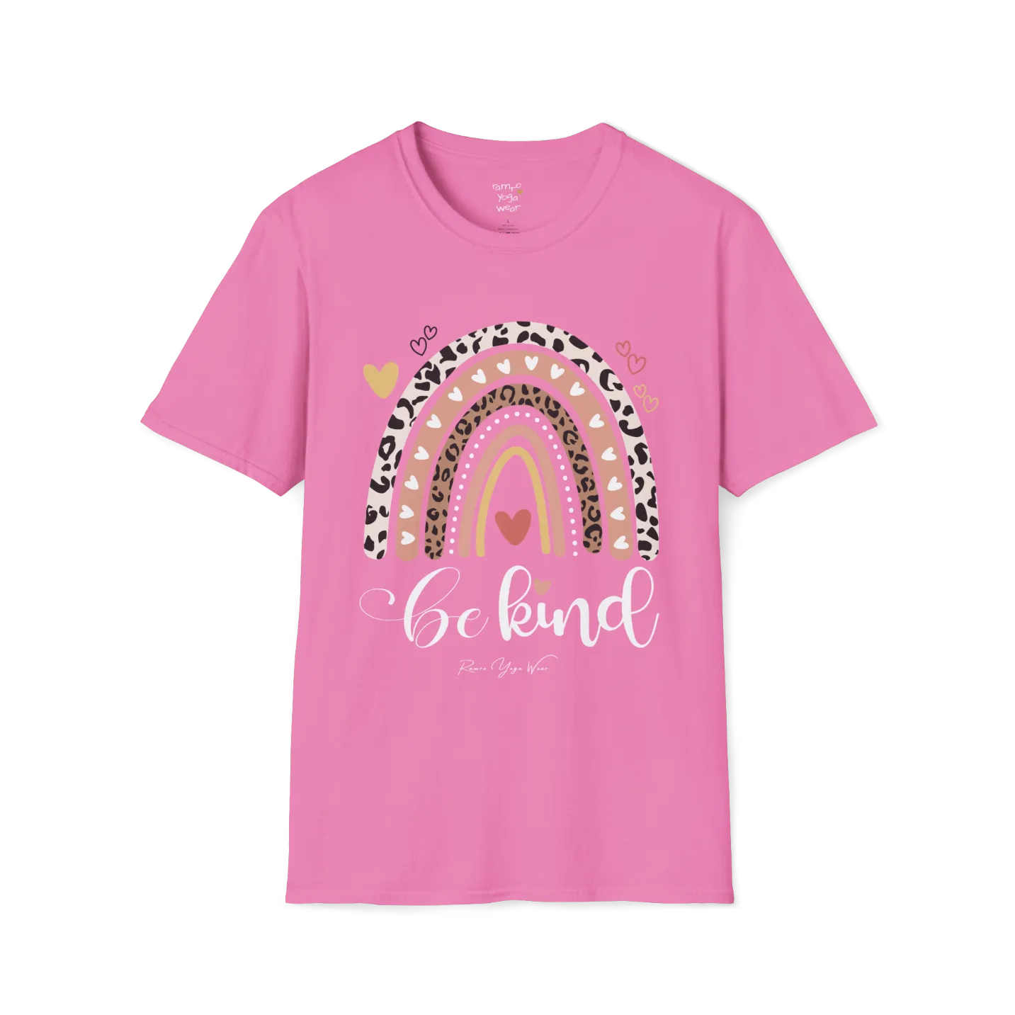 Be Kind T-Shirt, boho rainbow with hearts and "Be kind" script — The Vault collection by Ramro Yoga Wear, Azalea.