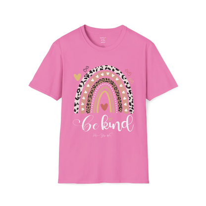 Be Kind T-Shirt, boho rainbow with hearts and "Be kind" script — The Vault collection by Ramro Yoga Wear, Azalea.