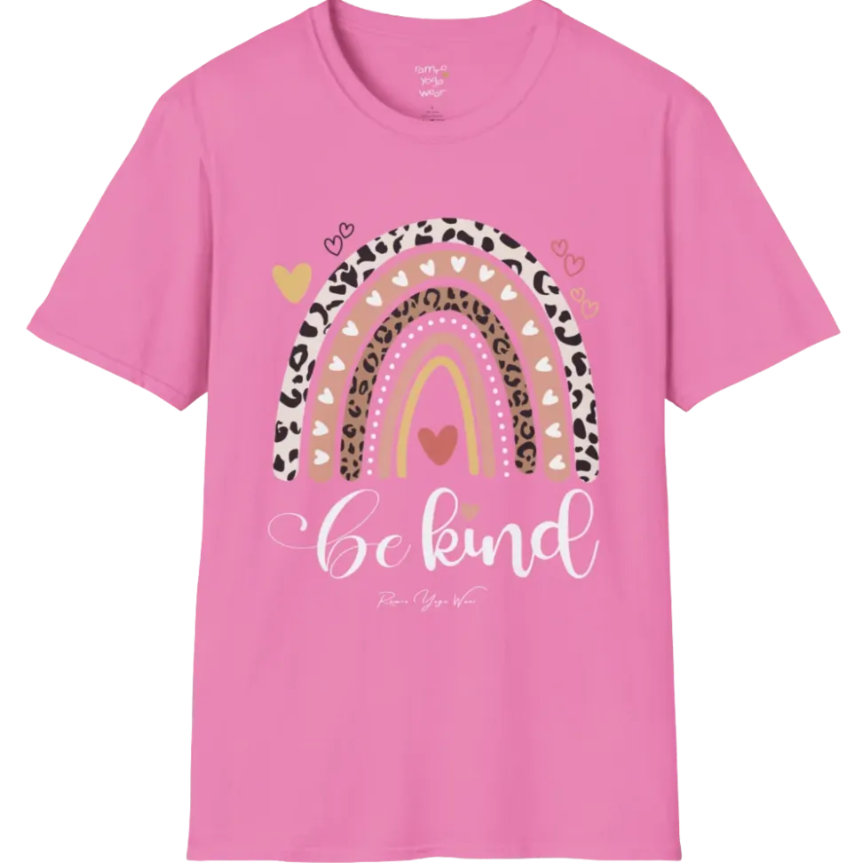 Be Kind T-Shirt, boho rainbow with hearts and "Be kind" script — The Vault collection by Ramro Yoga Wear, Azalea.