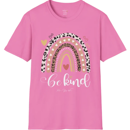 Be Kind T-Shirt, boho rainbow with hearts and "Be kind" script — The Vault collection by Ramro Yoga Wear, Azalea.