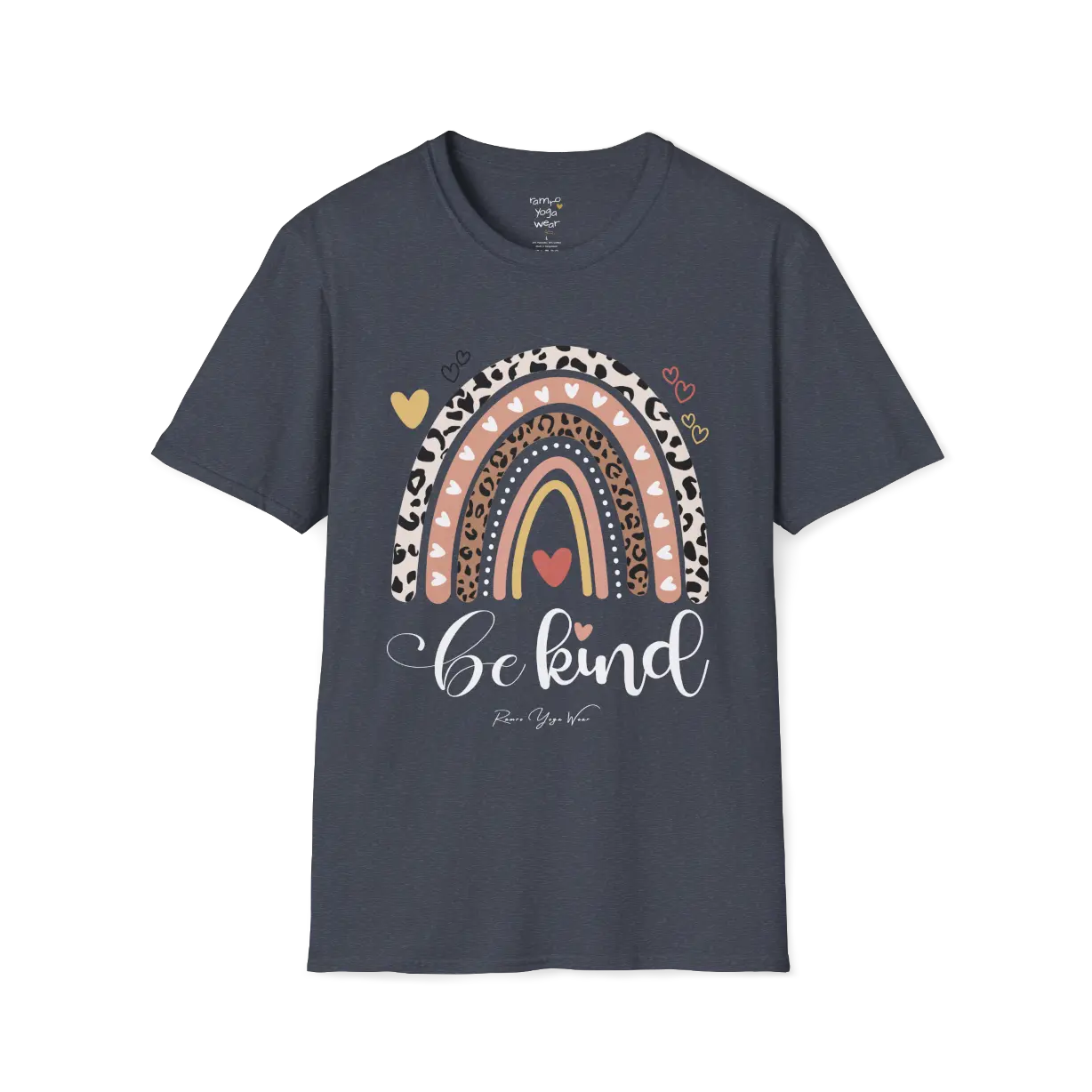 Be Kind T-Shirt, boho rainbow with hearts and "Be kind" script — The Vault collection by Ramro Yoga Wear, Heather Navy.