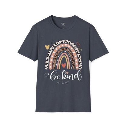 Be Kind T-Shirt, boho rainbow with hearts and "Be kind" script — The Vault collection by Ramro Yoga Wear, Heather Navy.