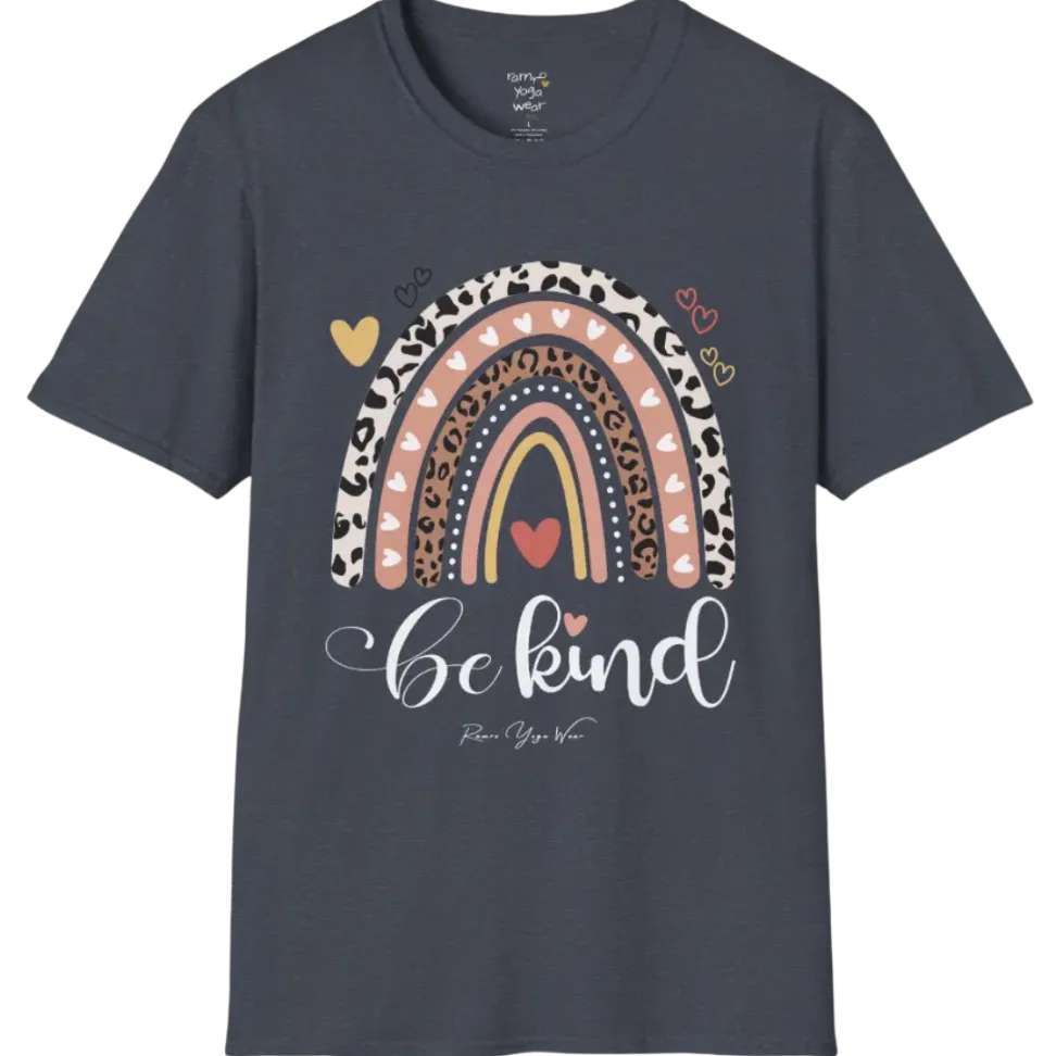 Be Kind T-Shirt, boho rainbow with hearts and "Be kind" script — The Vault collection by Ramro Yoga Wear, Heather Navy.
