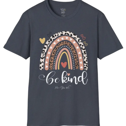 Be Kind T-Shirt, boho rainbow with hearts and "Be kind" script — The Vault collection by Ramro Yoga Wear, Heather Navy.
