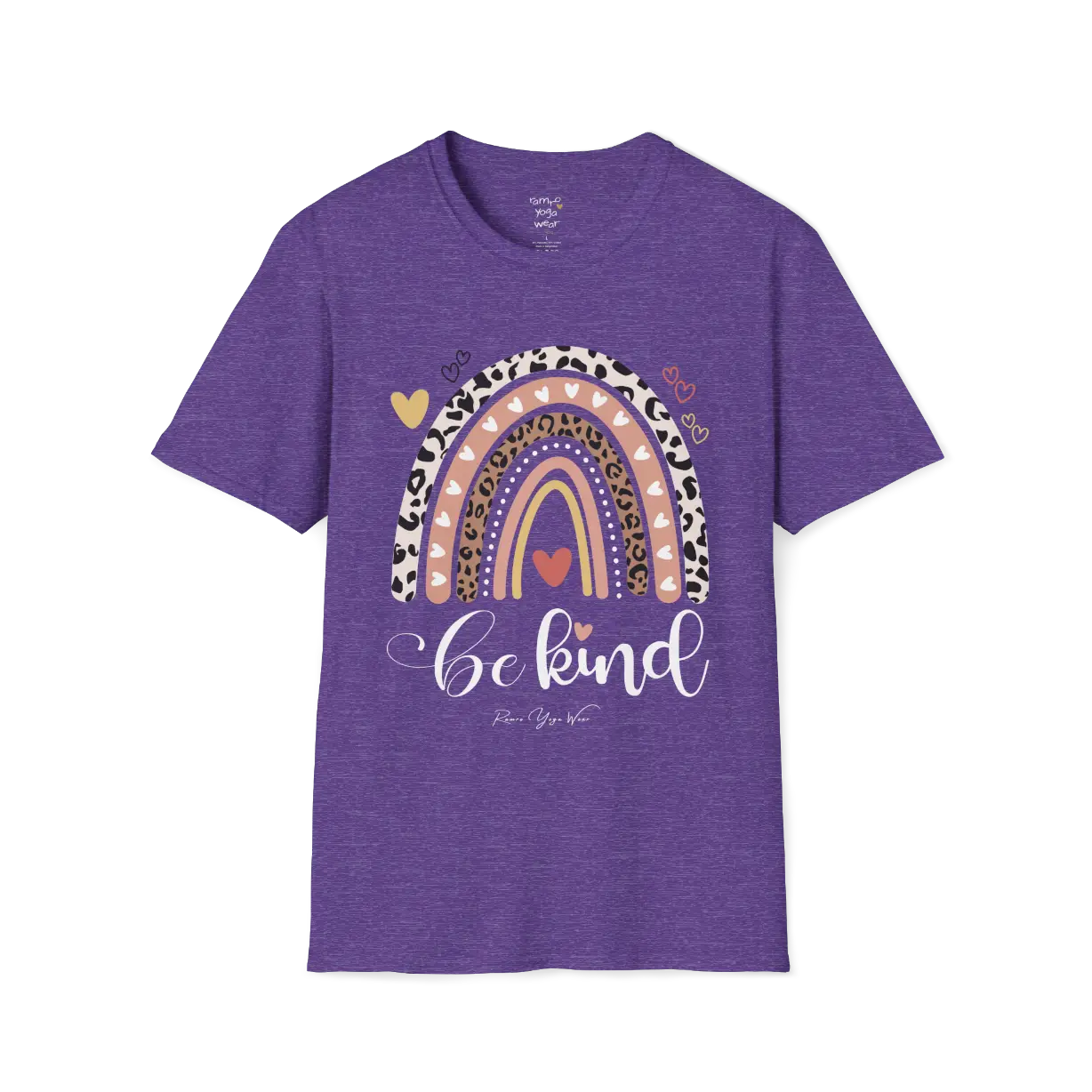 Be Kind T-Shirt, boho rainbow with hearts and "Be kind" script — The Vault collection by Ramro Yoga Wear, Heather Purple.