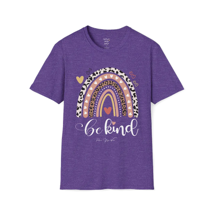 Be Kind T-Shirt, boho rainbow with hearts and "Be kind" script — The Vault collection by Ramro Yoga Wear, Heather Purple.