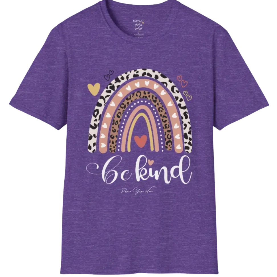 Be Kind T-Shirt, boho rainbow with hearts and "Be kind" script — The Vault collection by Ramro Yoga Wear, Heather Purple.