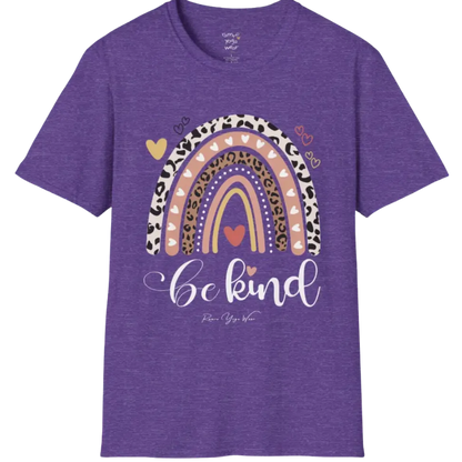 Be Kind T-Shirt, boho rainbow with hearts and "Be kind" script — The Vault collection by Ramro Yoga Wear, Heather Purple.