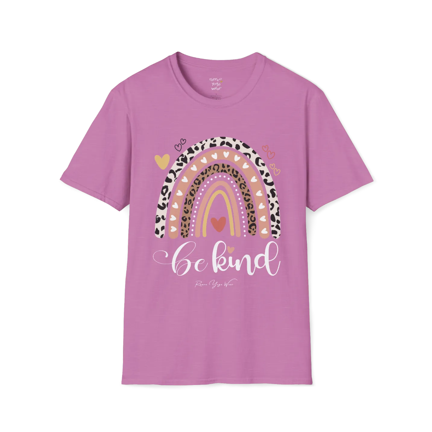 Be Kind T-Shirt, boho rainbow with hearts and "Be kind" script — The Vault collection by Ramro Yoga Wear, Heather Radiant Orchid.