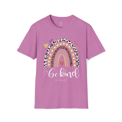 Be Kind T-Shirt, boho rainbow with hearts and "Be kind" script — The Vault collection by Ramro Yoga Wear, Heather Radiant Orchid.