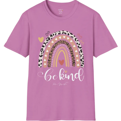 Be Kind T-Shirt, boho rainbow with hearts and "Be kind" script — The Vault collection by Ramro Yoga Wear, Heather Radiant Orchid.