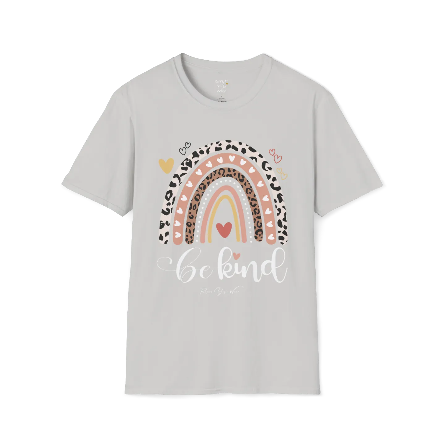 Be Kind T-Shirt, boho rainbow with hearts and "Be kind" script — The Vault collection by Ramro Yoga Wear, Ice Grey.