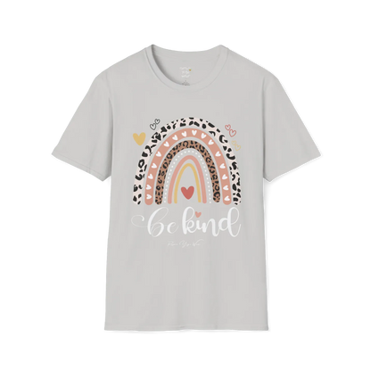 Be Kind T-Shirt, boho rainbow with hearts and "Be kind" script — The Vault collection by Ramro Yoga Wear, Ice Grey.