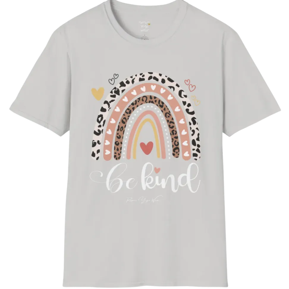 Be Kind T-Shirt, boho rainbow with hearts and "Be kind" script — The Vault collection by Ramro Yoga Wear, Ice Grey.