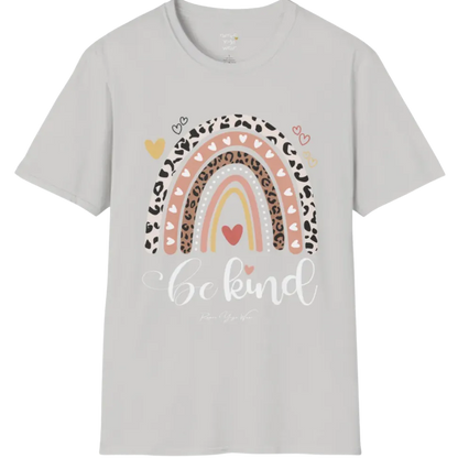 Be Kind T-Shirt, boho rainbow with hearts and "Be kind" script — The Vault collection by Ramro Yoga Wear, Ice Grey.