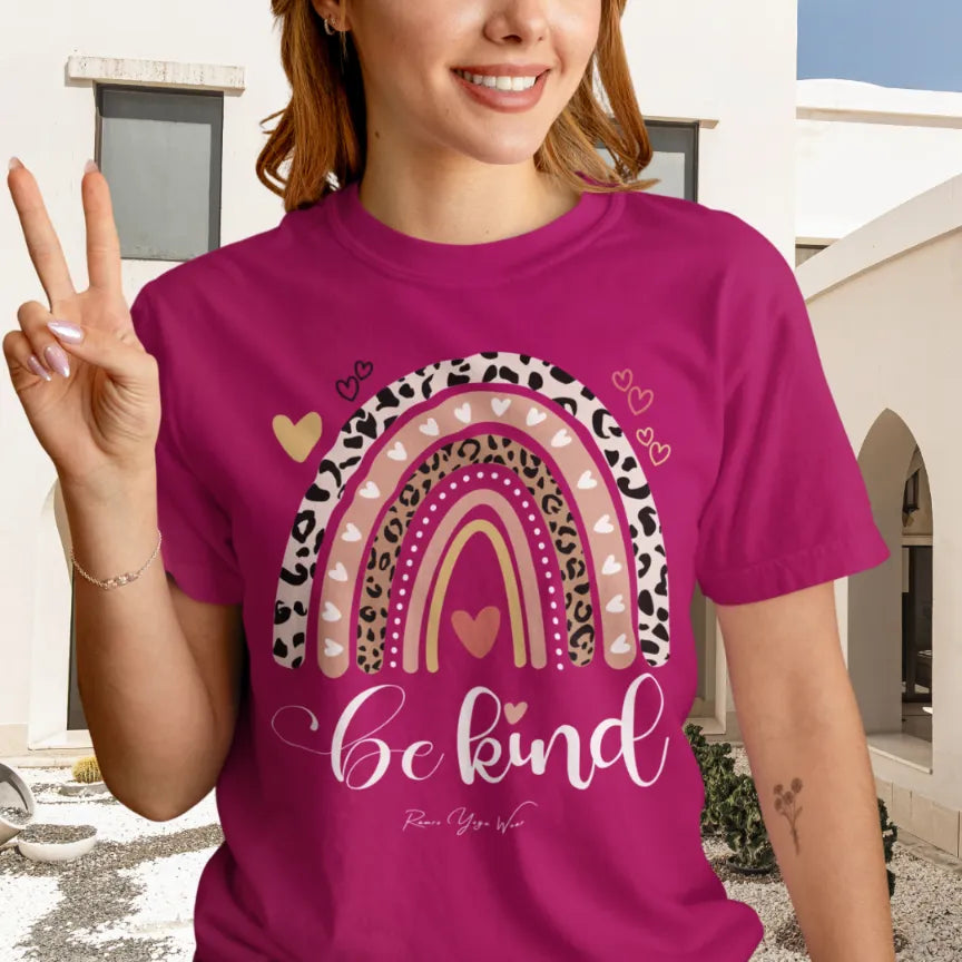 Be Kind T-Shirt, boho rainbow with hearts and "Be kind" script — The Vault collection by Ramro Yoga Wear, Antique Heliconia.