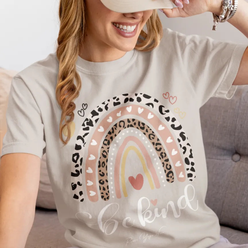 Be Kind T-Shirt, boho rainbow with hearts and "Be kind" script — The Vault collection by Ramro Yoga Wear, Ice Grey.