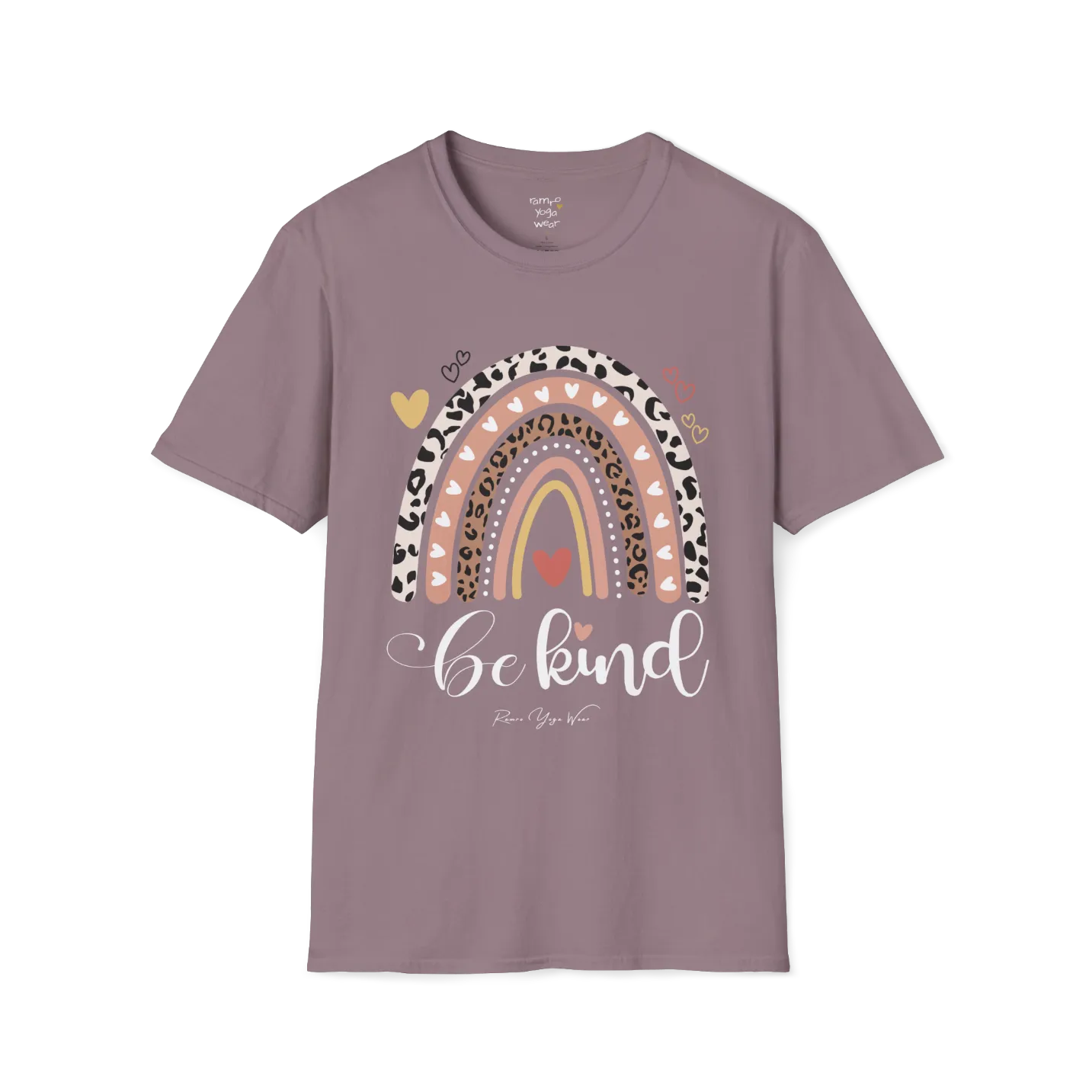 Be Kind T-Shirt, boho rainbow with hearts and "Be kind" script — The Vault collection by Ramro Yoga Wear, Paragon.