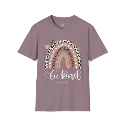 Be Kind T-Shirt, boho rainbow with hearts and "Be kind" script — The Vault collection by Ramro Yoga Wear, Paragon.