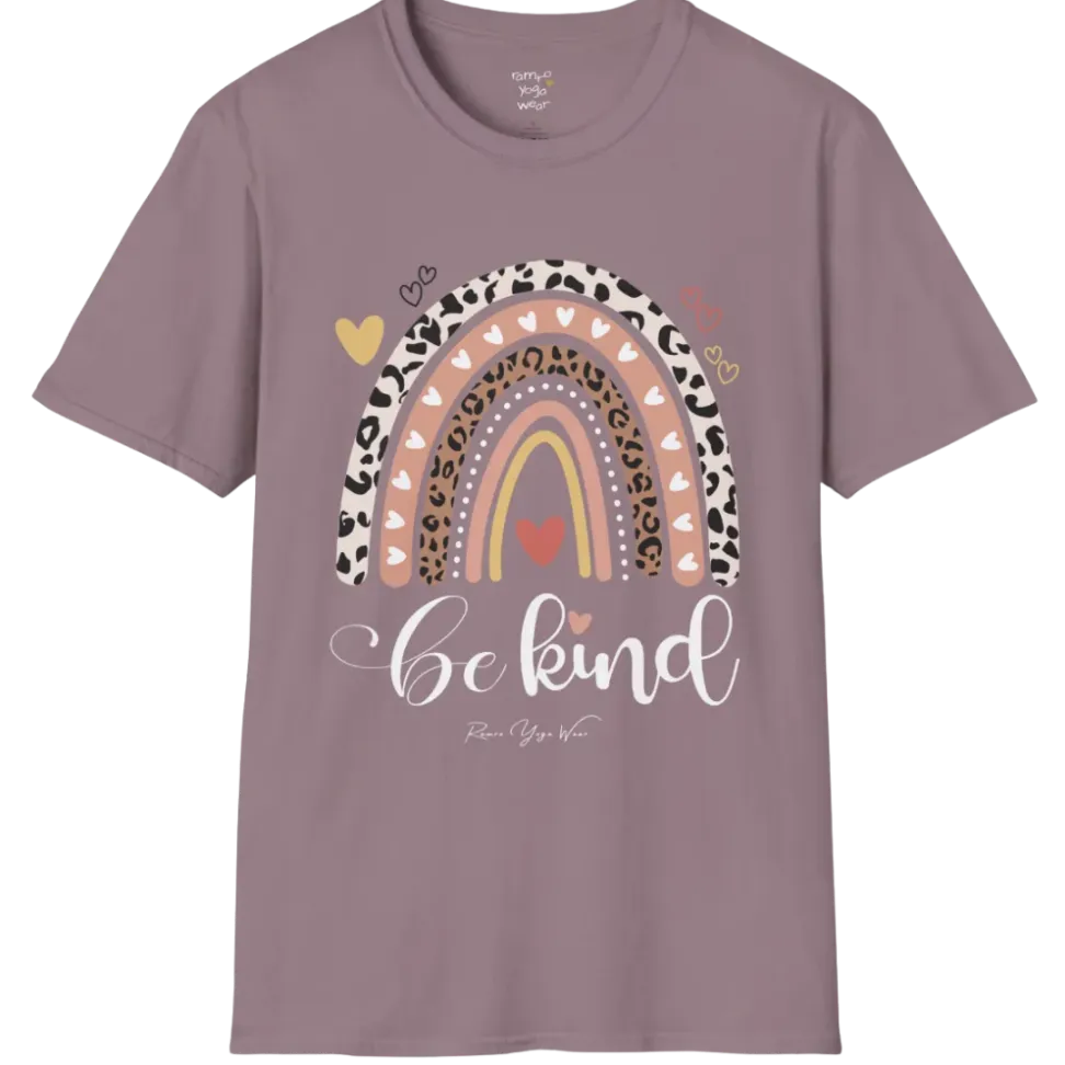 Be Kind T-Shirt, boho rainbow with hearts and "Be kind" script — The Vault collection by Ramro Yoga Wear, Paragon.