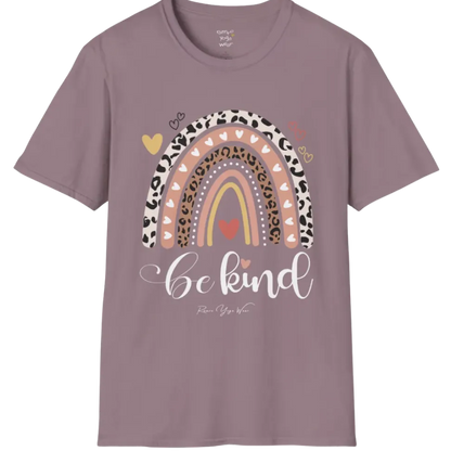 Be Kind T-Shirt, boho rainbow with hearts and "Be kind" script — The Vault collection by Ramro Yoga Wear, Paragon.