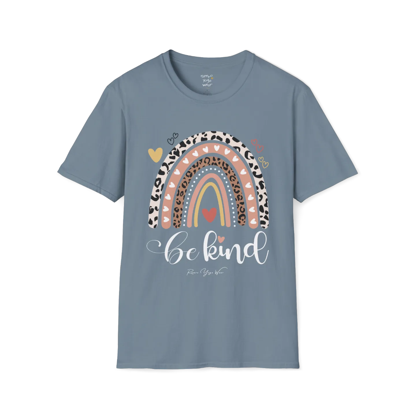 Be Kind T-Shirt, boho rainbow with hearts and "Be kind" script — The Vault collection by Ramro Yoga Wear, Stone Blue.