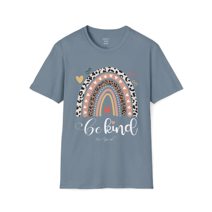 Be Kind T-Shirt, boho rainbow with hearts and "Be kind" script — The Vault collection by Ramro Yoga Wear, Stone Blue.