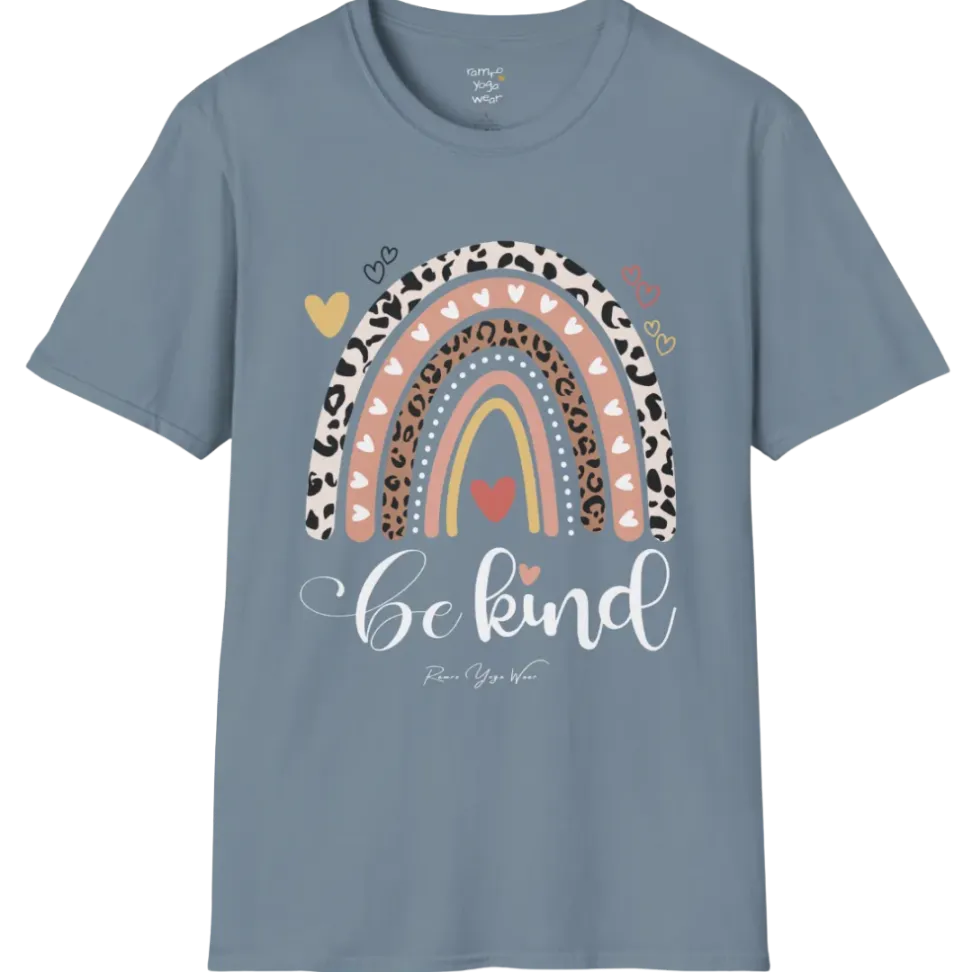 Be Kind T-Shirt, boho rainbow with hearts and "Be kind" script — The Vault collection by Ramro Yoga Wear, Stone Blue.