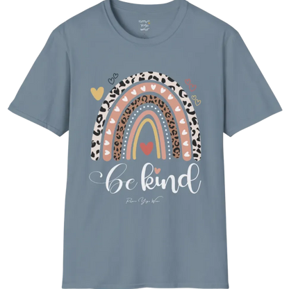 Be Kind T-Shirt, boho rainbow with hearts and "Be kind" script — The Vault collection by Ramro Yoga Wear, Stone Blue.