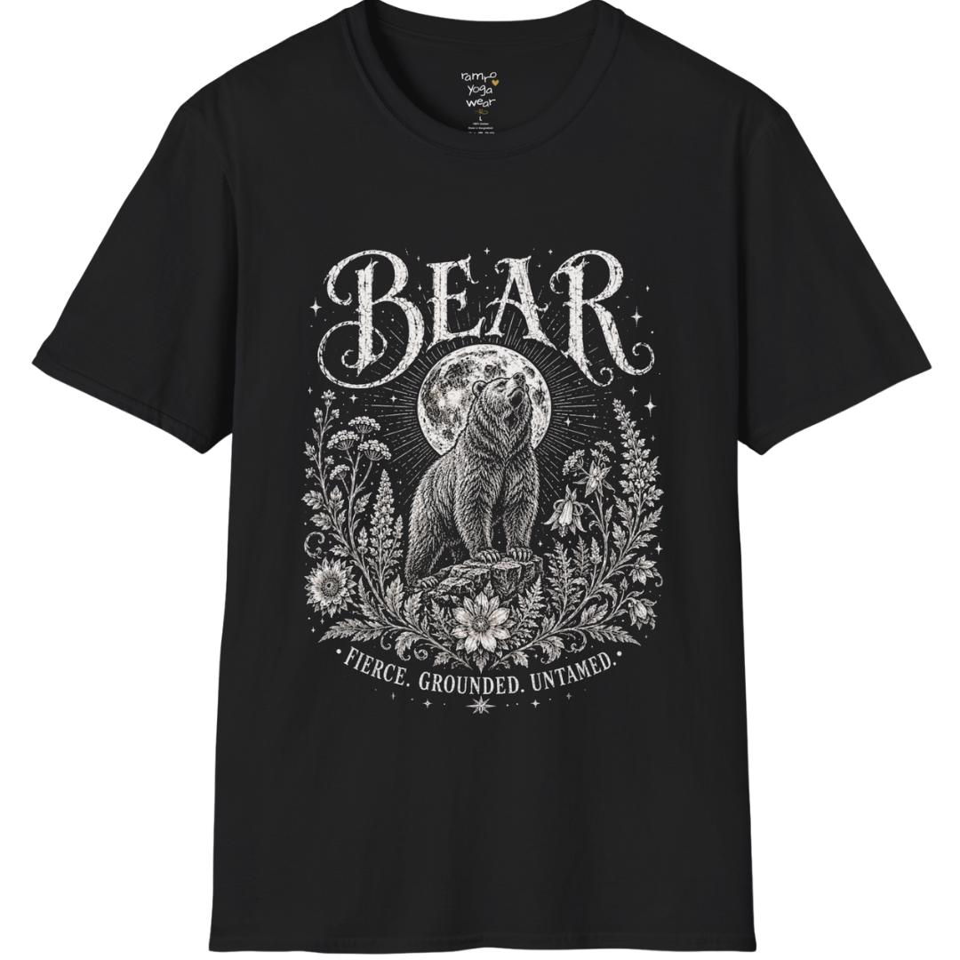 Ramro Yoga Wear Bear tee in Black — bear full moon botanical vintage design, flat lay product shot
