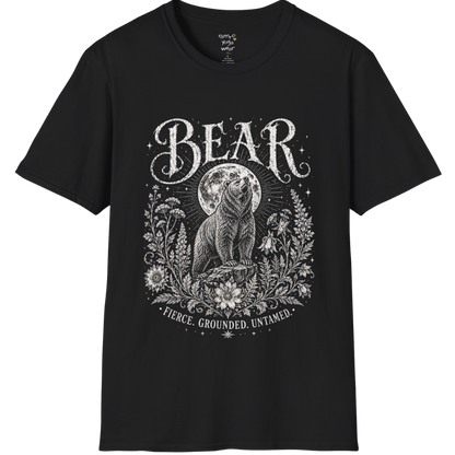 Ramro Yoga Wear Bear tee in Black — bear full moon botanical vintage design, flat lay product shot
