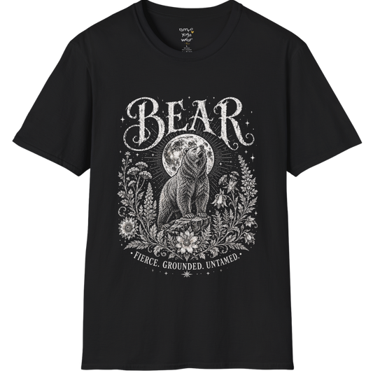 Ramro Yoga Wear Bear tee in Black — bear full moon botanical vintage design, flat lay product shot
