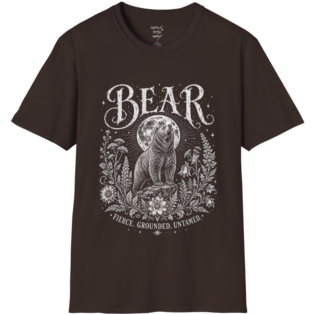 Ramro Yoga Wear Bear tee in Dark Chocolate — bear full moon botanical vintage design, flat lay product shot