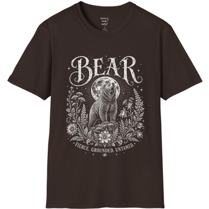 Ramro Yoga Wear Bear tee in Dark Chocolate — bear full moon botanical vintage design, flat lay product shot