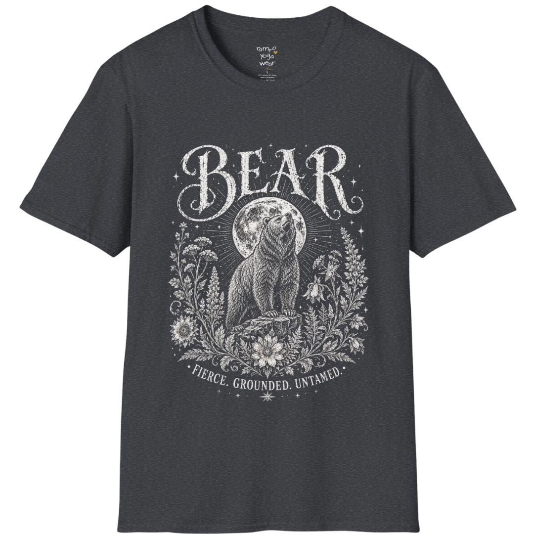 Ramro Yoga Wear Bear tee in Dark Heather Grey — bear full moon botanical vintage design, flat lay product shot