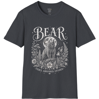 Ramro Yoga Wear Bear tee in Dark Heather Grey — bear full moon botanical vintage design, flat lay product shot