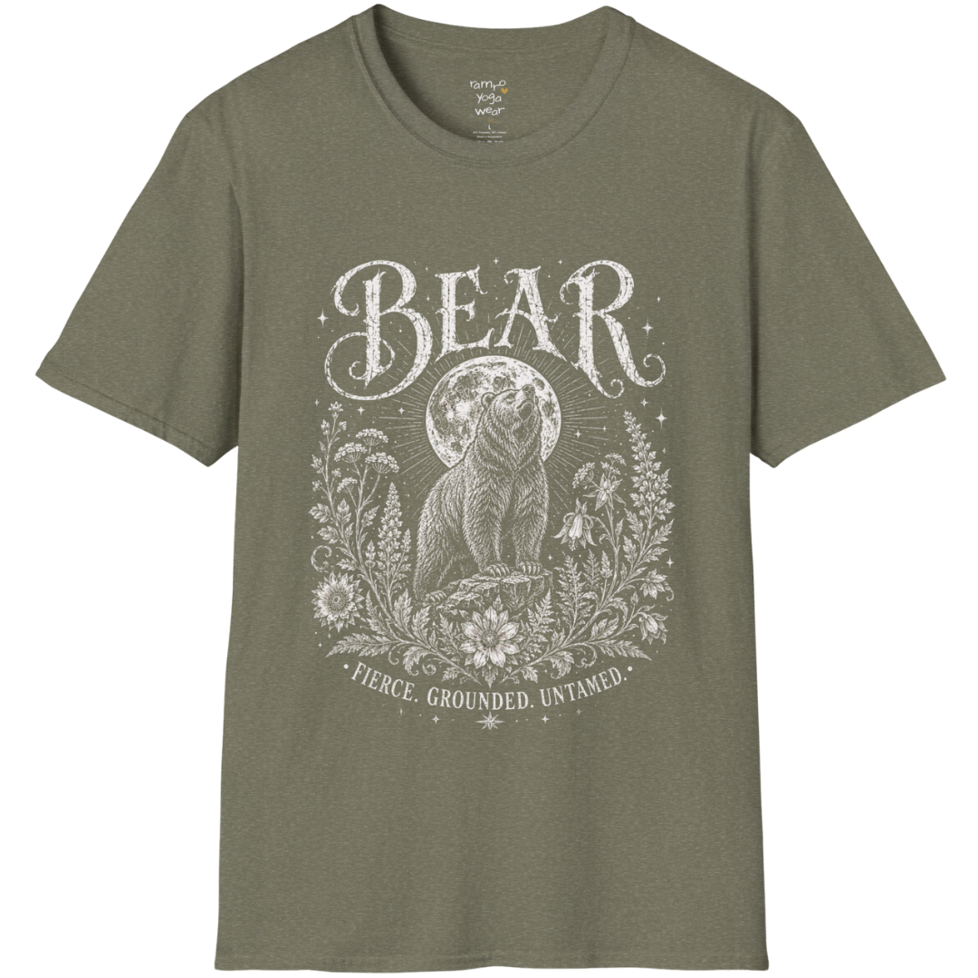 Ramro Yoga Wear Bear tee in Heather Military Green — bear full moon botanical vintage design, flat lay product shot