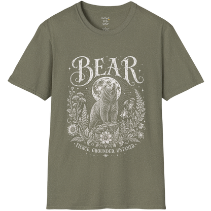 Ramro Yoga Wear Bear tee in Heather Military Green — bear full moon botanical vintage design, flat lay product shot